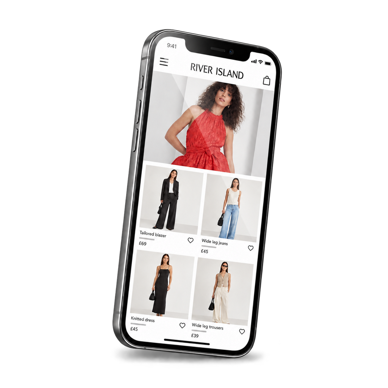 River Island mobile storefront displayed on an iPhone-style handset
